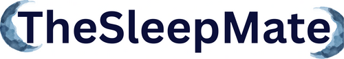 TheSleepMate logo in dark navy blue text with blue crescent moon graphics on both sides, centered on a plain white background.